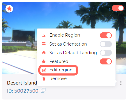 لقطة شاشة لبطاقة Region باسم Desert Island، مع تمييز موضع إجراء Edit Region.